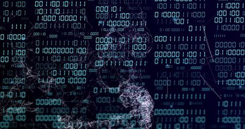 Glowing binary code with 3d neural mesh overlay in futuristic digital network