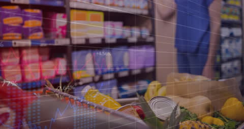 Digital Stock Chart Overlay on Grocery Conveyor Belt