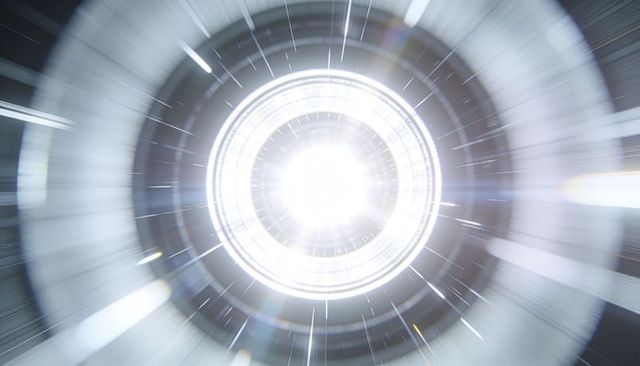 Shining circular light tunnel with concentric chrome rings, lens flare, futuristic vortex