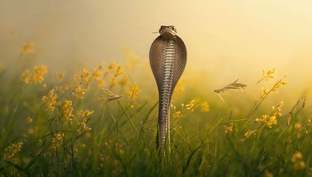 Hooded cobra rising through sunlit meadow grass, threading golden wildflowers, low-angle closeup