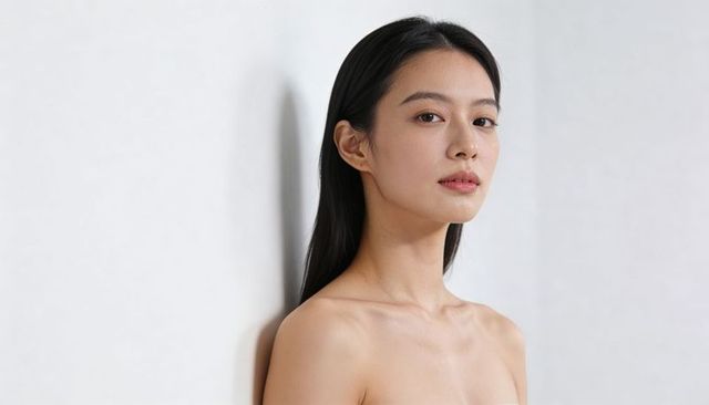 Minimalist portrait of asian woman with bare shoulders and long dark hair, calm elegant headshot