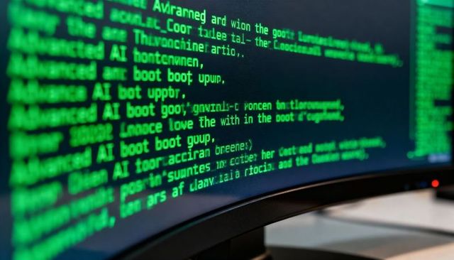 Displaying curved monitor streaming green terminal code with bezel, stand and red led
