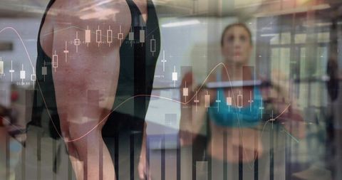 Fitness finance fusion showing strength training overlaid with stock market analytics edge