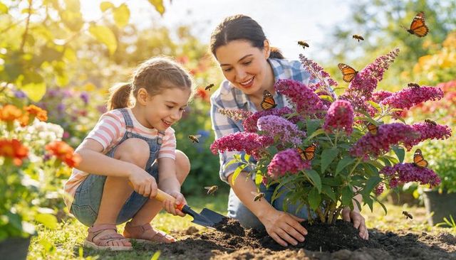 Mother and daughter planting purple shrub in sunlit garden with butterflies and bees