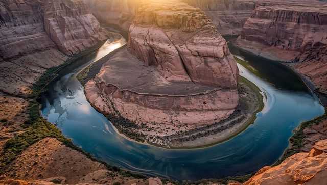 Sunlit horseshoe bend aerial view of sandstone canyon and meandering river at sunrise