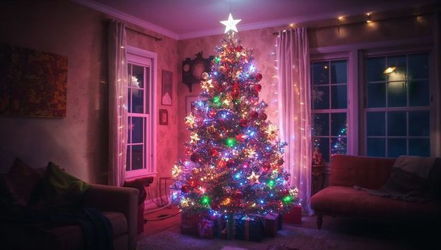 Festive Christmas Tree Illuminated in Warm Living Room Setting