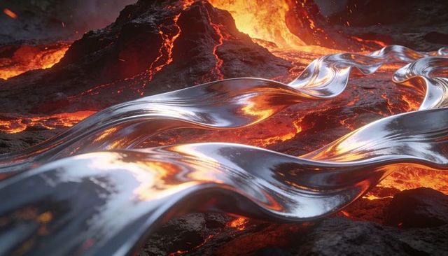 Molten lava reflecting on flowing chrome ribbons over charred volcanic rock, glowing vent
