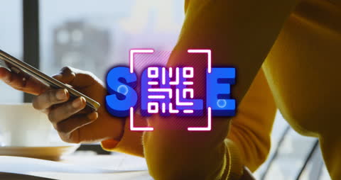 Woman Texting with Digital Art and QR Code Overlay