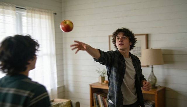 Teen tossing apple indoors, friends playing casual game in sunlit living room