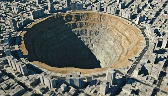 Massive terraced urban sinkhole swallowing city block with ring road and highrise towers