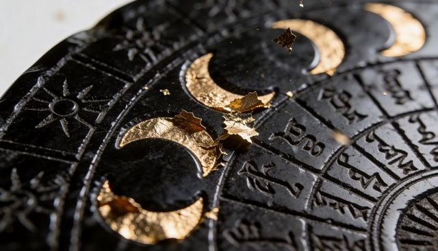 Black embossed zodiac disk with gold leaf crescent moons macro metallic texture closeup