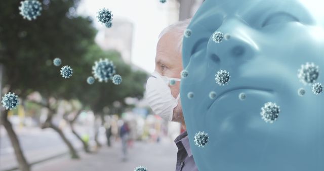 Man with Mask and Blue Face Overlay Depicting COVID-19 Virus Particles - Download Free Stock Images Pikwizard.com