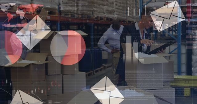 Business team packing boxes in a warehouse, overlaid with data charts and graphs showcasing industry trends. Useful for projects related to logistics, teamwork in business environments, and data-driven decision making.