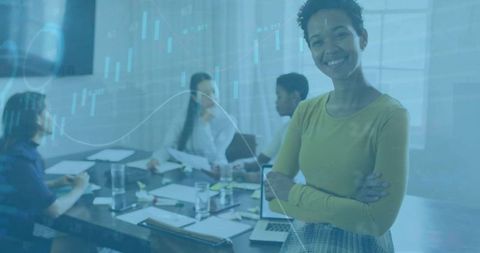 Confident Businesswoman Overseeing Team Data Analysis in Modern Office