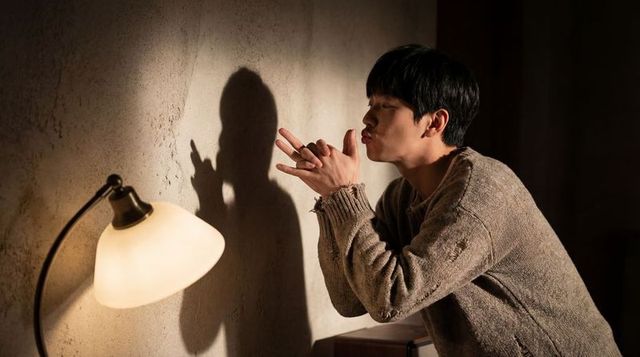 Asian man forming hand shadow puppet kissing silhouette on textured plaster wall