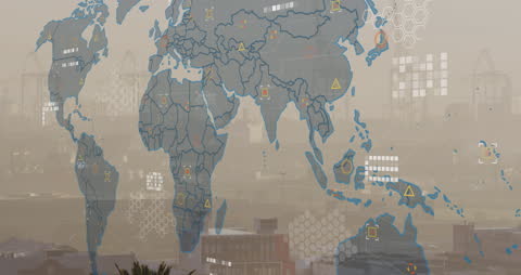 Global Business Network in Foggy Cityscape