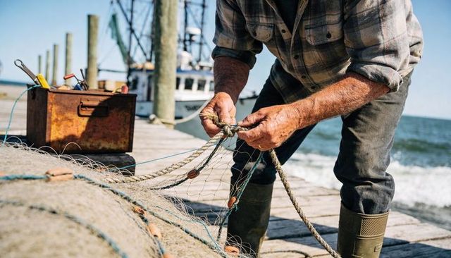 Fisherman mending nets and ropes on weathered pier with rusty toolbox and boat