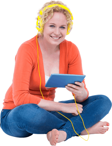 Joyful Woman Listening to Music on a Tablet with Headphones, Transparent Background