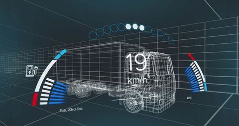 Wireframe truck hud telemetry showing 19 km/h speed, holographic 3d fleet visualization