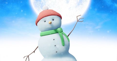 Cheerful Snowman Waving at Moonlit Night