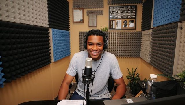 Young host recording podcast in acoustic foam studio with condenser microphone
