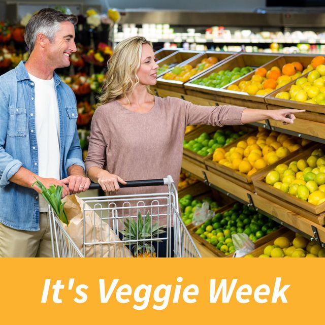 Happy Couple Shopping Fresh Produce in Supermarket - Download Free Stock Templates Pikwizard.com