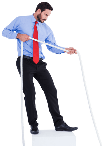Confident businessman in blue shirt pulling rope on transparent background
