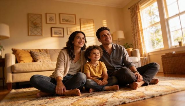 Smiling family of three relaxing on cozy sunlit living room rug for warm family lifestyle