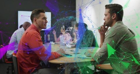 Business team discussing digital network globe overlay in modern boardroom collaboration