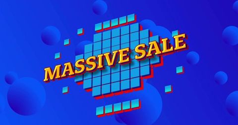 Massive sale banner featuring 3d turquoise tile grid and bold yellow-orange headline