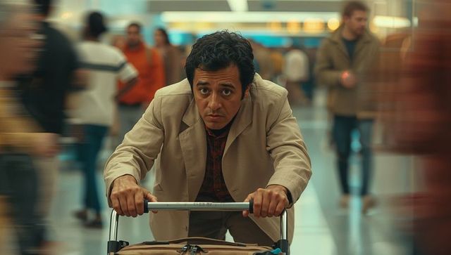 Hispanic man navigating crowded airport terminal with luggage