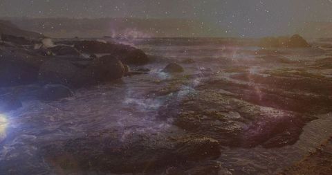 Cosmic Reflection on Serene Rocky Shoreline at Twilight