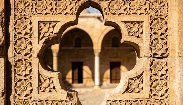 Carved sandstone frame revealing quatrefoil opening to sunlit cloister with white column