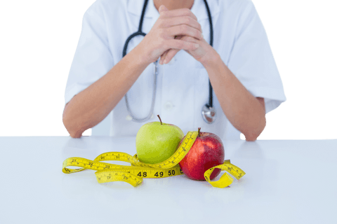 Transparent doctor with apples and measuring tape promoting health