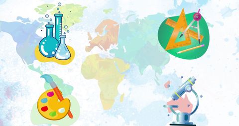 Educational Icons Overlaying World Map Representing Global Learning