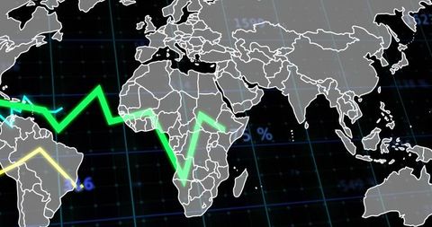 World Map with Green and Yellow Trend Lines on Digital Dashboard