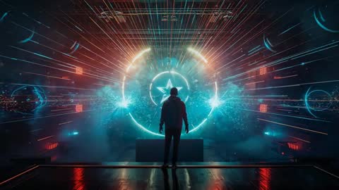 Man Gazing at Pulsing Energy Portal in Futuristic Chamber