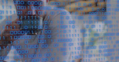 Binary Data Overlay on Caucasian Man Drinking Coffee