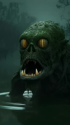 Lurking Moss Creature Emerging from Misty Swamp Vertical Horror Video