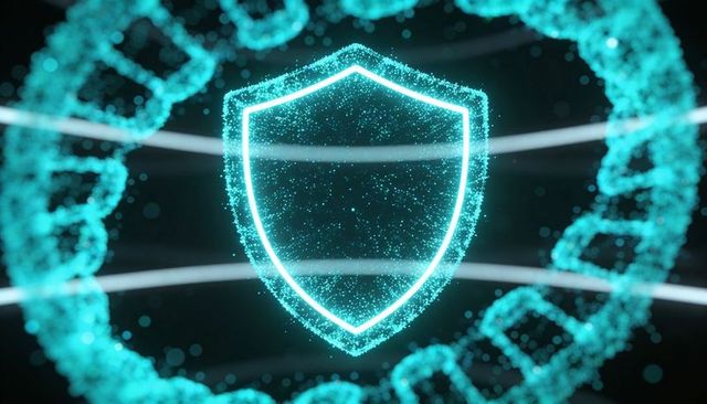 Neon Cyber Shield Protecting Data with DNA Helix Particle Network and Holographic Glow