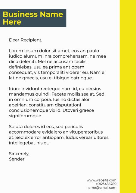 Formal Business Letter Template with Yellow Sidebar for Corporate Communications - Download Free Stock Templates Pikwizard.com