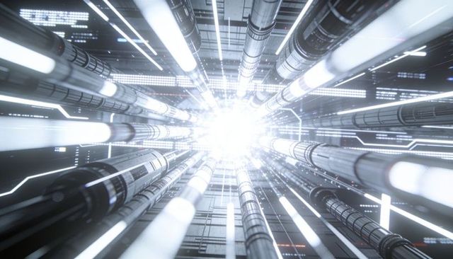 Converging metal conduits and tubular light rods racing toward blinding core in high-tech data shaft