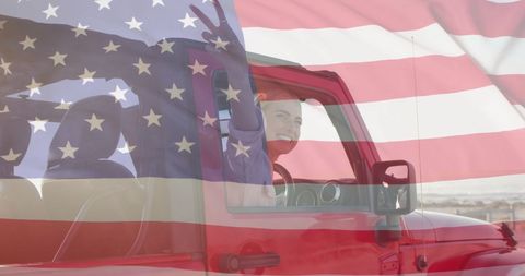 Caucasian Woman Driving Jeep by Beach with USA Flag Overlay