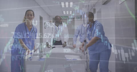 Doctors Rushing Patient to Operation Room with Financial Data Overlay
