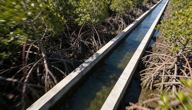 Concrete tidal channel cutting through mangrove roots showing shallow water and tidal flow