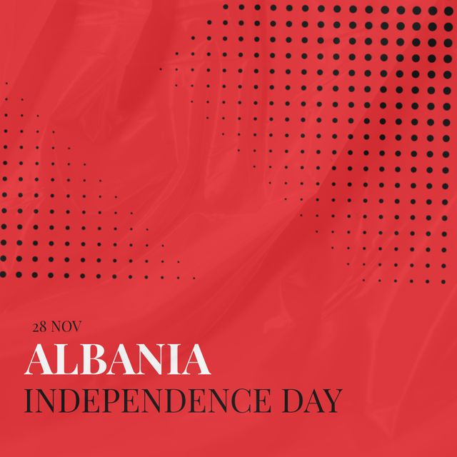 Composition of albania independence day text over black spots on red background. Albania independence day and celebration concept digitally generated image.