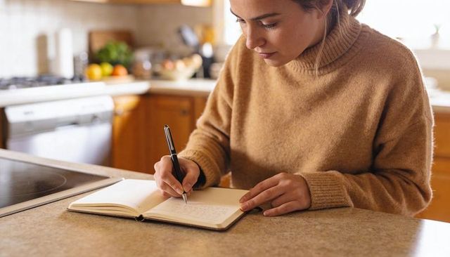 Young woman journaling at sunlit kitchen counter in cozy sweater planning and reflecting