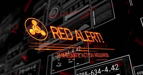 Futuristic hud red alert warning with tri-lobed hazard icon and immediate action required