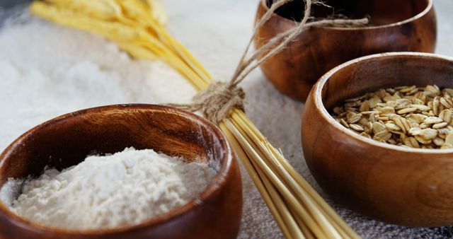 Wooden Bowls with Flour and Oats with Wheat on Rustic Background - Download Free Stock Images Pikwizard.com