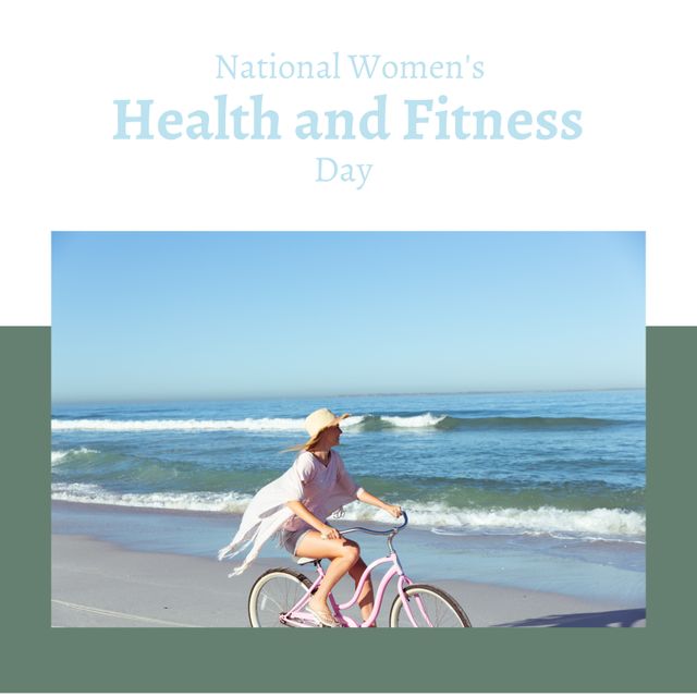 A young woman is biking along a beach under bright sunlight, celebrating National Women's Health and Fitness Day. This image is ideal for promoting health and wellness activities, exercise programs, fitness events, or encouraging a healthy lifestyle among women. It can be used in social media posts, wellness blogs, and adverts for fitness gear and outdoor recreational activities.